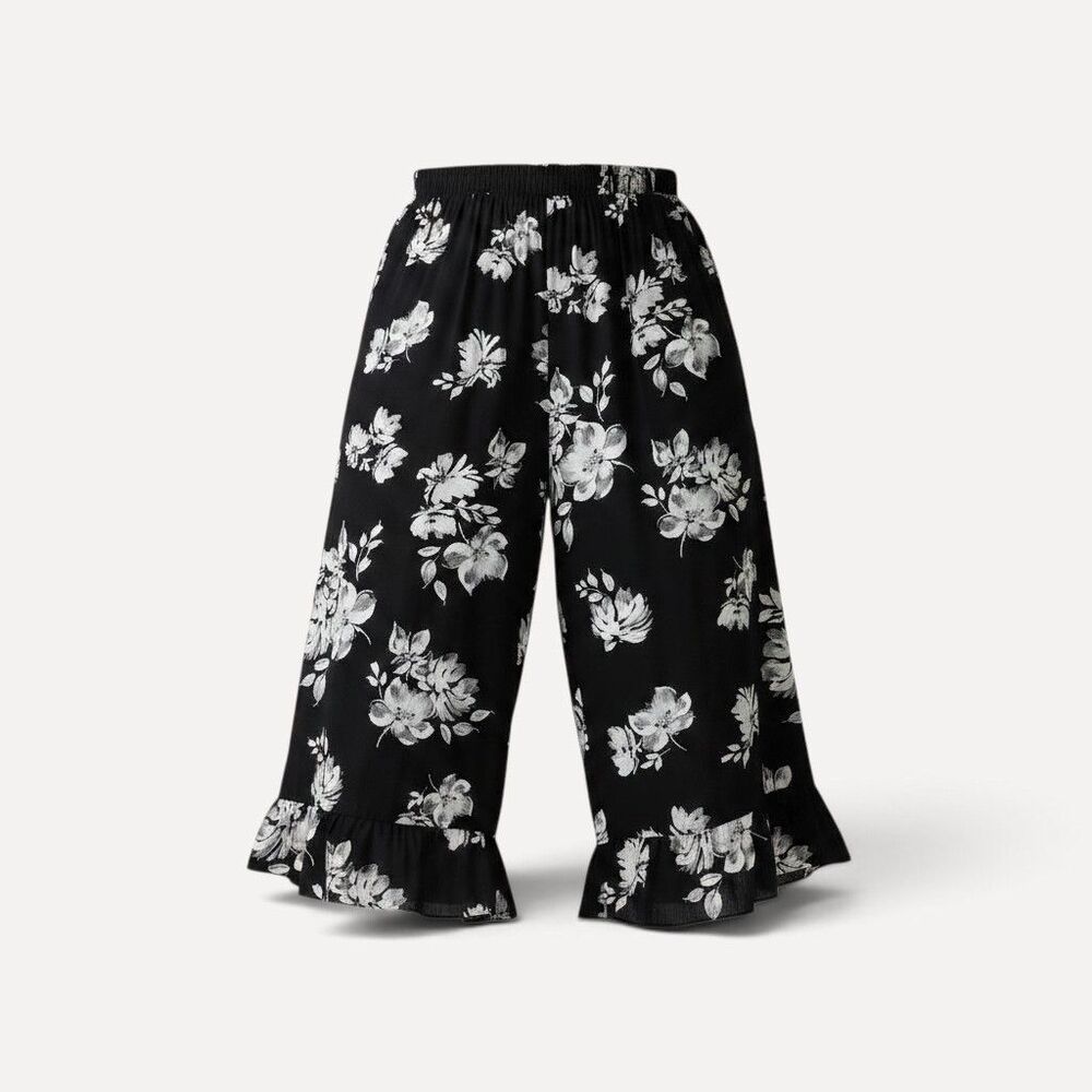 Simply Vera Vera Wang XL Black White Floral Wide Leg Crop Pants Ruffle